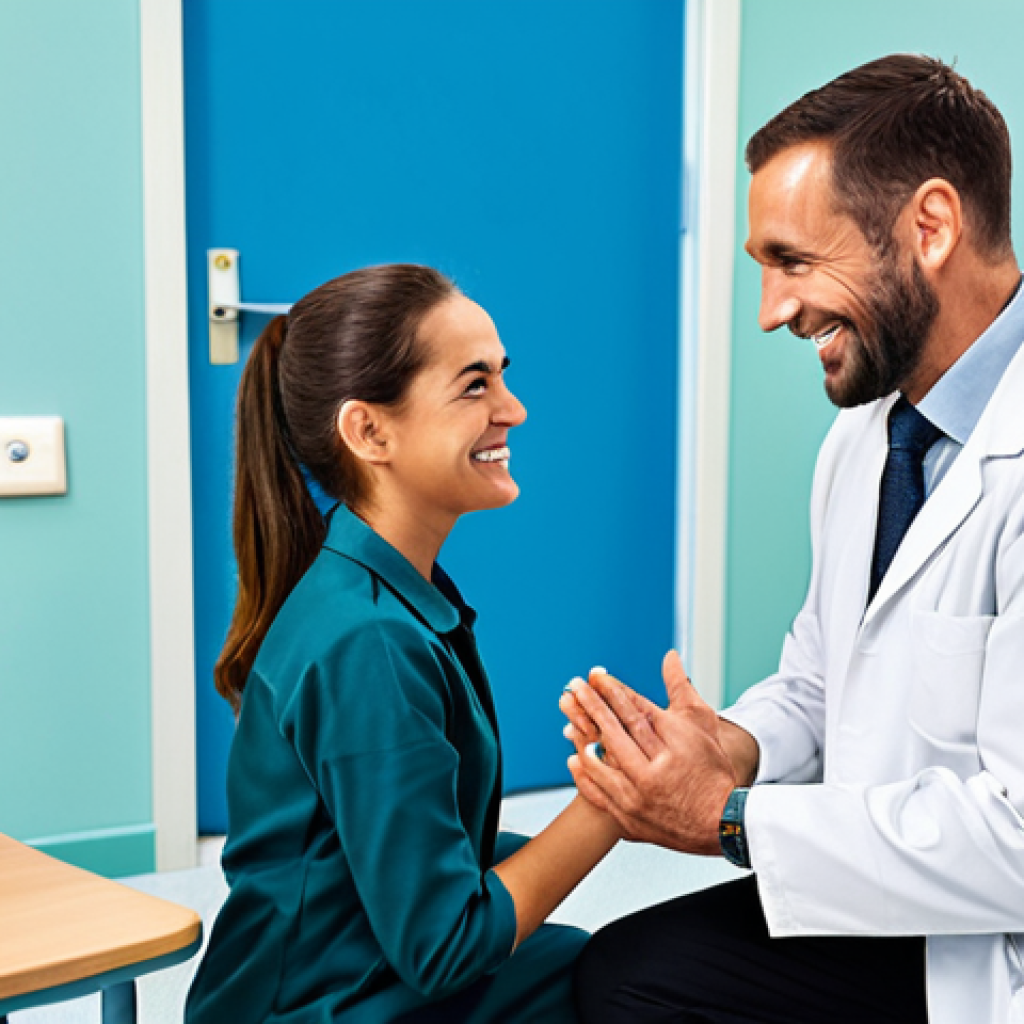 **

A kind occupational therapist, fully clothed in professional attire, kneels beside a patient in a bright rehabilitation room. The therapist is smiling gently, making eye contact. The patient is engaged in a simple therapeutic activity, like stacking blocks. Background includes adaptive equipment and supportive medical devices. safe for work, appropriate content, professional, modest, family-friendly, perfect anatomy, correct proportions, natural pose, well-formed hands, proper finger count, natural body proportions.

**