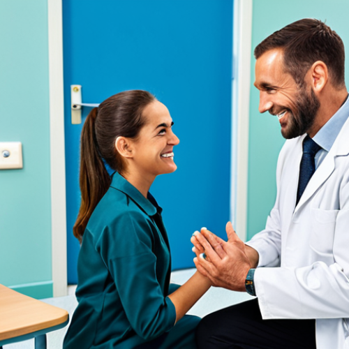 **

A kind occupational therapist, fully clothed in professional attire, kneels beside a patient in a bright rehabilitation room. The therapist is smiling gently, making eye contact. The patient is engaged in a simple therapeutic activity, like stacking blocks. Background includes adaptive equipment and supportive medical devices. safe for work, appropriate content, professional, modest, family-friendly, perfect anatomy, correct proportions, natural pose, well-formed hands, proper finger count, natural body proportions.

**