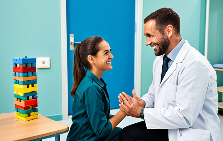 **

A kind occupational therapist, fully clothed in professional attire, kneels beside a patient in a bright rehabilitation room. The therapist is smiling gently, making eye contact. The patient is engaged in a simple therapeutic activity, like stacking blocks. Background includes adaptive equipment and supportive medical devices. safe for work, appropriate content, professional, modest, family-friendly, perfect anatomy, correct proportions, natural pose, well-formed hands, proper finger count, natural body proportions.

**