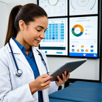 **Occupational Therapist & Goal Setting:** A fully clothed occupational therapist in a modern clinic, discussing rehabilitation goals with a patient in modest attire. Focus on a tablet displaying a goal-setting app interface. Professional environment, appropriate content, safe for work, perfect anatomy, natural proportions.