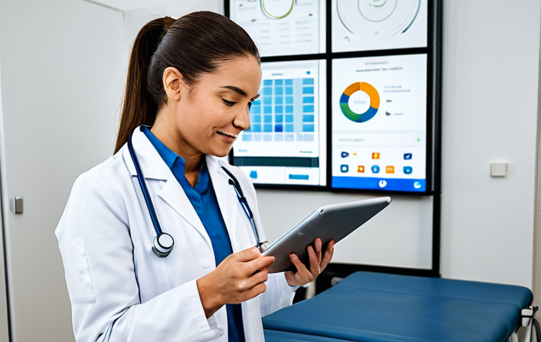 **Occupational Therapist & Goal Setting:** A fully clothed occupational therapist in a modern clinic, discussing rehabilitation goals with a patient in modest attire. Focus on a tablet displaying a goal-setting app interface. Professional environment, appropriate content, safe for work, perfect anatomy, natural proportions.