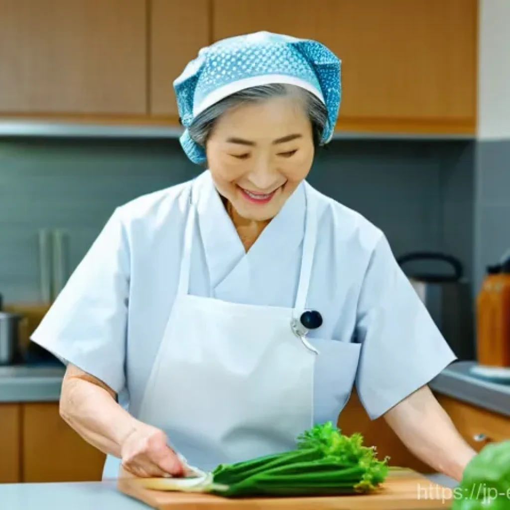 작업치료사의 성공적인 팀 빌딩 - **Prompt:** A heartwarming scene in a bright, modern rehabilitation kitchen. An elderly Japanese wom...