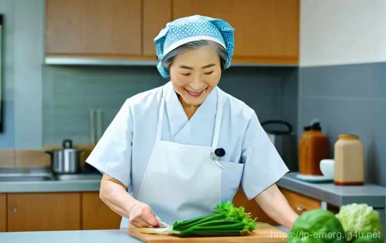 작업치료사의 성공적인 팀 빌딩 - **Prompt:** A heartwarming scene in a bright, modern rehabilitation kitchen. An elderly Japanese wom...