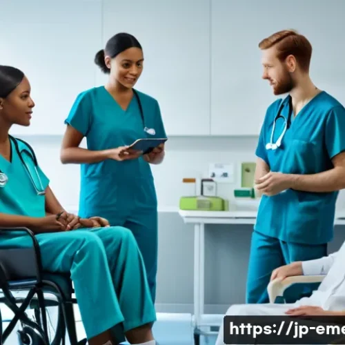 작업치료사의 병원 내 교육 기회 활용 - A bright and modern hospital rehabilitation room scene showing a diverse team of occupational therap...