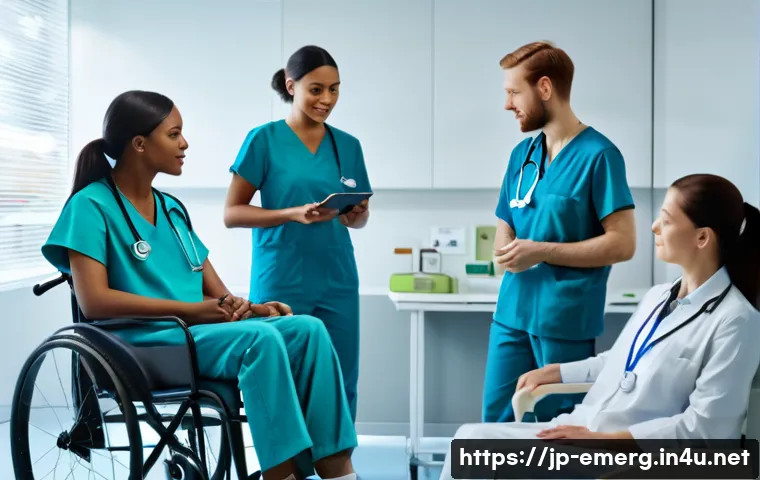 작업치료사의 병원 내 교육 기회 활용 - A bright and modern hospital rehabilitation room scene showing a diverse team of occupational therap...