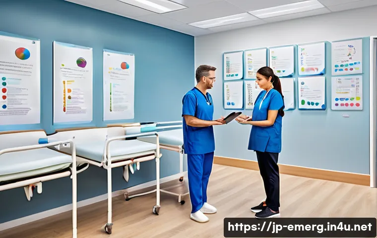 작업치료사의 환자 안전 관리 - A modern rehabilitation clinic room with a diverse team of healthcare professionals including occupa...