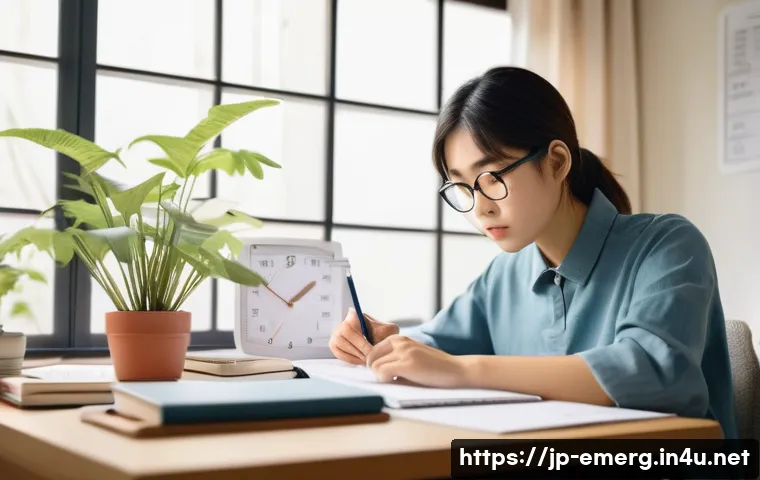작업치료사의 자격증 시험 점수 관리 - A focused Japanese student studying diligently at a clean, modern desk in a cozy room filled with te...