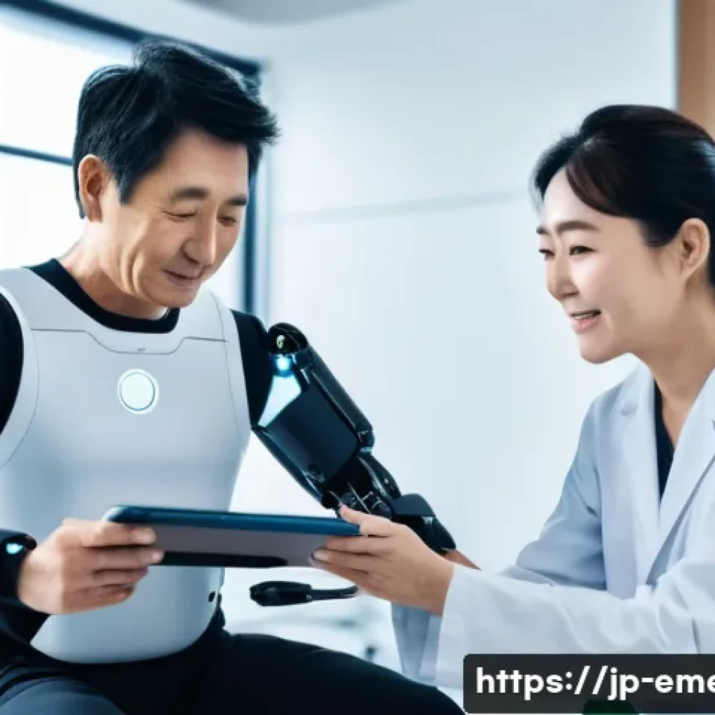 작업치료사와 최신 임상 가이드라인 - A modern rehabilitation clinic scene featuring a middle-aged Japanese patient wearing comfortable at...