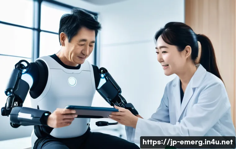 작업치료사와 최신 임상 가이드라인 - A modern rehabilitation clinic scene featuring a middle-aged Japanese patient wearing comfortable at...
