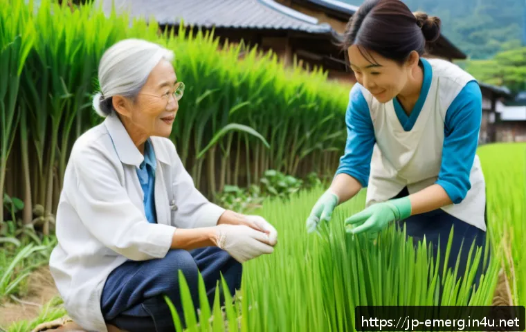 작업치료사의 지역사회 재활 활동 - A warm, community-based occupational therapy session in a Japanese rural village setting, showing an...