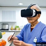작업치료사의 최신 치료 기술 성공 사례 연구 - A modern rehabilitation clinic featuring an elderly Japanese patient wearing casual clothing and VR ...
